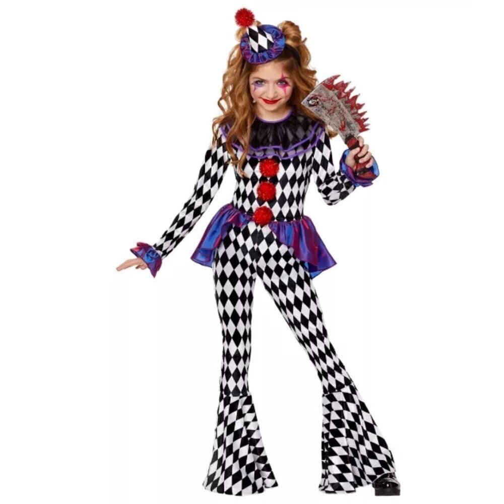 Spirit Halloween Kids Carnival Clown Costume Jumpsuit Collar Headband Hat - Picture 1 of 7